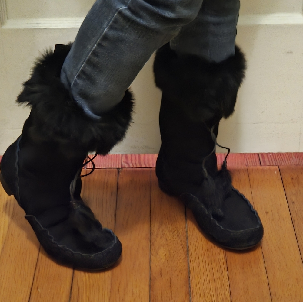 Nine West Black Rabbit Fur Leather Boots
